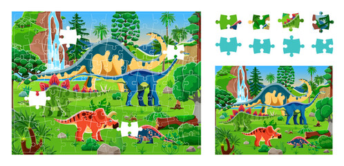 Prehistoric dinosaurs landscape jigsaw puzzle game pieces, vector worksheet. Kids jigsaw puzzle game to find and match cutout pieces of picture with Jurassic dinosaurs, funny dino lizards and reptiles © Vector Tradition
