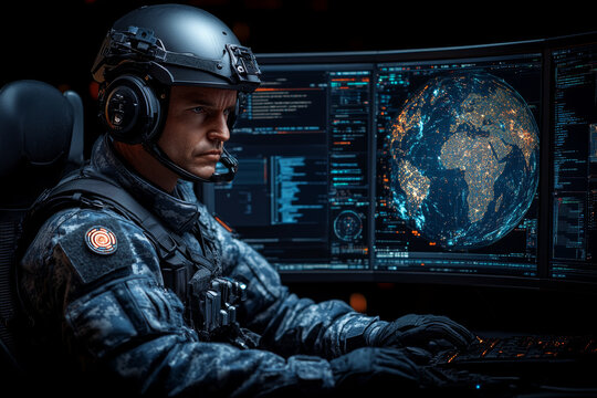 cybersecurity professional monitoring global threats on multiple screens, showcasing advanced technology and data analysis. atmosphere is intense and focused