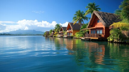 Obraz premium Tropical overwater bungalows, calm lagoon, mountains, vacation