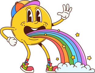 Cartoon retro groovy smile emoji character in colorful cap and playful hippie sneakers joyfully releasing a multicolored rainbow with stars, embodies happiness and vibrant energy, fun and imagination