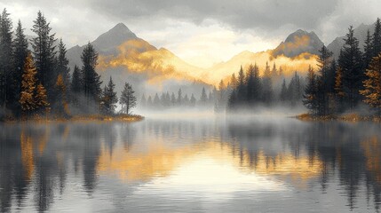 Fototapeta premium Misty lake reflection mountain landscape nature photography tranquil environment scenic viewpoint serenity concept