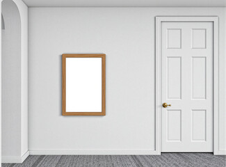 A simple hallway with a blank frame on a neutral wall, ideal for artwork mockups.