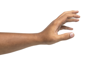 side view of male hand reaching, holding or grabbing something isolated on white background