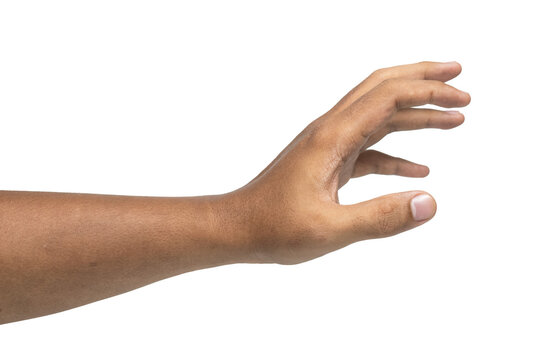 side view of male hand reaching, holding or grabbing something isolated on white background