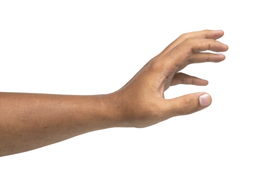 side view of male hand reaching, holding or grabbing something isolated on white background