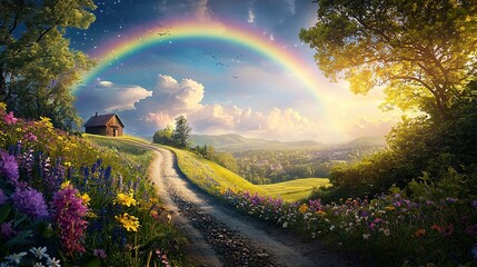 Obraz premium Rainbow Over Cottage & Wildflowers