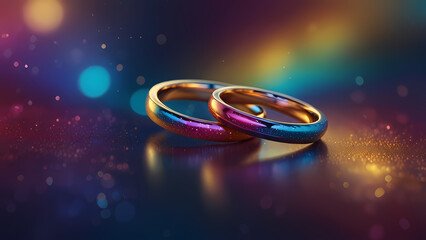 An abstract holographic design with intertwined rings symbolizing eternal love, rendered in vibrant and reflective shades of blue, magenta, and gold