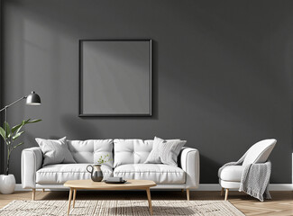 A blank frame on a dark-toned wall in a modern living room, ideal for creating art and branding designs.