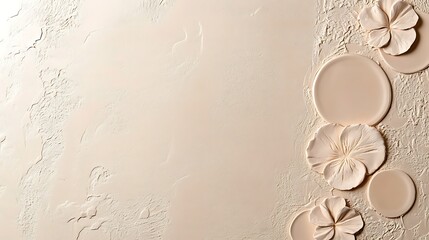 Beige textured background with sculpted flowers and circles