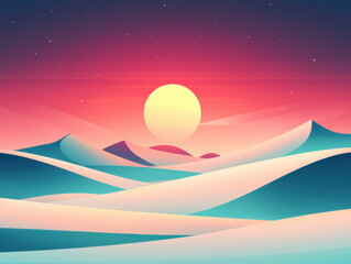 Vibrant desert landscape with colorful dunes under glowing sun and starry sky