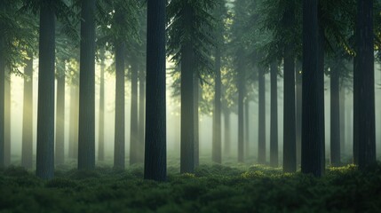 Serene forest scene with sunlight filtering through trees outdoor nature eye-level perspective