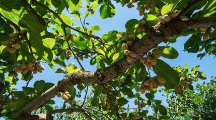 Fototapeta premium Branches of a tree heavy with peanuts, captured in a garden with a clear sky above