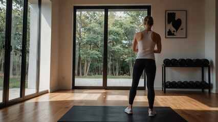 Obraz premium Woman practicing yoga in a modern home gym surrounded by nature during daylight