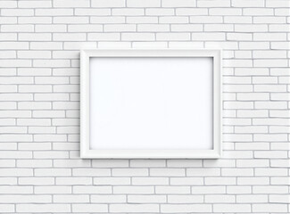 A blank family picture frame on a white brick wall, offering a clean, modern backdrop for family photo mockups.
