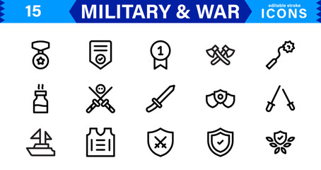 War and Military Icons. Vector Set of Weaponry, Soldiers, and Battle Equipment for Graphic Projects