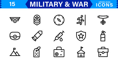 War and Military Icons. Vector Set of Weaponry, Soldiers, and Battle Equipment for Graphic Projects