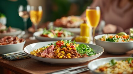 Family dining experience in a bright kitchen hearty dishes on long table cozy environment inviting atmosphere