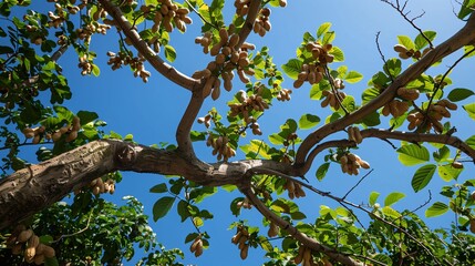 Peanut tree in plantation, branches filled with peanuts, clear sky above