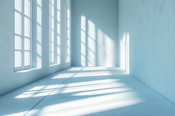 Fototapeta premium 3D rendering of empty room with white walls and light from a window, abstract futuristic background for product presentation.