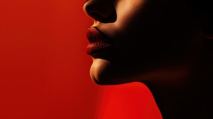 Elegant red lips on woman silhouette, AI generated image
