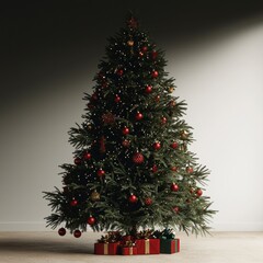 Festive Christmas Tree  Red Ornaments  Gifts  Holiday Decor  Winter Wonderland