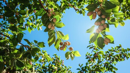 Fototapeta premium Close view of tree branches with peanuts, clear sky overhead in a garden