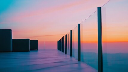 A serene balcony view at sunset, showcasing glass railings and a tranquil atmosphere.
