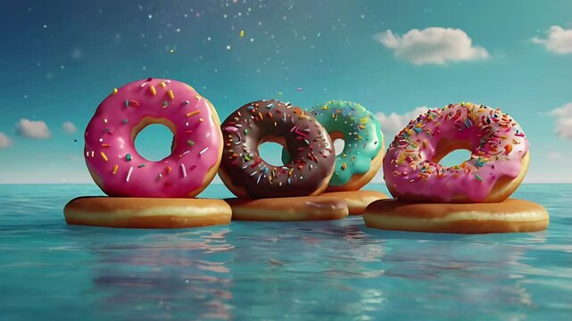 Some donuts with delicious cream and sprinkles. Seamless 4K looping timelapse video animation background