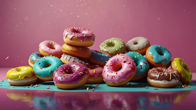 Some donuts with delicious cream and sprinkles. Seamless 4K looping timelapse video animation background