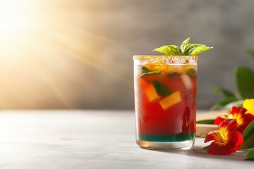 Fototapeta premium Vibrant colorful cocktail with tropical flowers under golden sunset light refreshing drink relaxing atmosphere