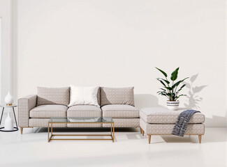 A spacious, minimalist living room featuring a light-colored sofa with a blank pillow in the center. The room is clutter-free, with soft, natural lighting highlighting the mockup.
