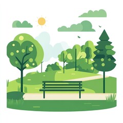 Serene Park Scene with Bench and Lush Greenery