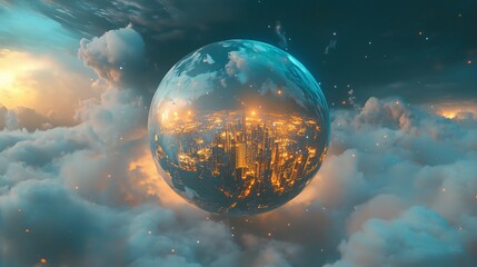 Panoramic view on planet Earth globe from space. Glowing city lights, light clouds. Generative AI