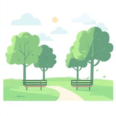 Serene Park Scene with Benches and Lush Green Trees