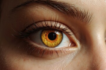 Obraz premium Close-up view of a captivating eye with striking amber hues and intricate patterns on a person's face