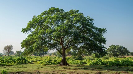 Obraz premium Peanut-laden tree in a plantation area, clear sky visible