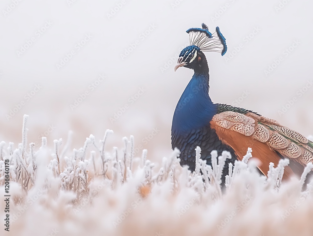 Wall mural Majestic Indian peafowl in frosty field.