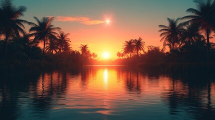 Obraz premium Tropical sunset reflecting on calm water, palm trees silhouette, idyllic vacation