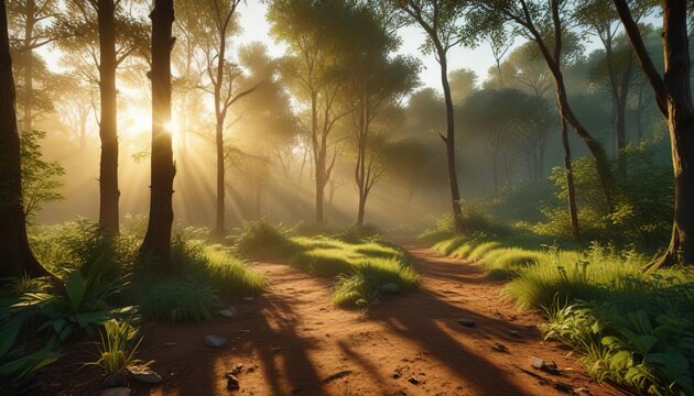 Hayas verdes en un bosque al atardecer con la luz dorada del sol , vegetaci?n, naturaleza