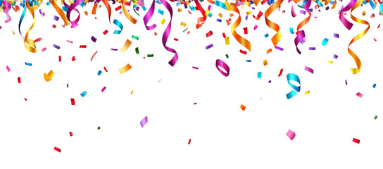 Background of colorful ribbons and confetti on white background.