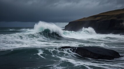 Powerful ocean waves crash against dark rocks under a stormy sky at the coast