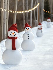 Fototapeta premium Snowmen wearing red hats and scarves line a snowy path, adorned with string lights, creating a festive winter atmosphere.