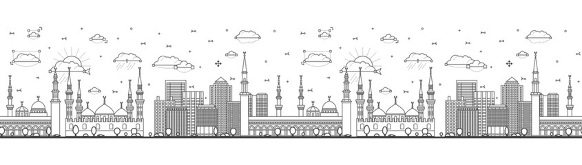 Obraz premium Seamless pattern with Outline Medina Saudi Arabia City Skyline with Modern and Historic Buildings Isolated on White. Medina Cityscape with Landmarks.