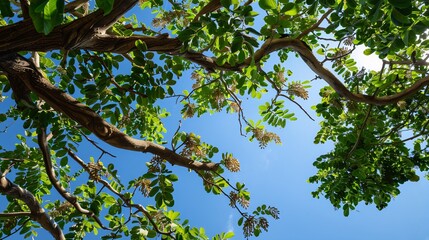 Fototapeta premium Peanut-laden branches of a tree in a garden, clear sky overhead
