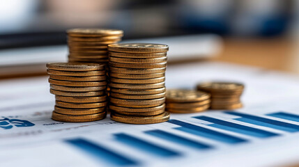 Stacked coins and a rising graph representing financial growth success wealth accumulation and investment minimalistic design bright tone modern blurred background with empty caption space for text

