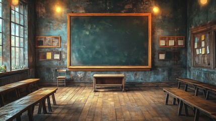 Rustic classroom interior with wooden benches, chalkboard, and vintage decor under soft lighting, perfect for educational themes and nostalgic settings.
