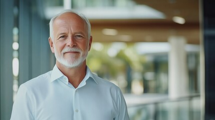 Naklejka premium Portrait of successful senior businessman consultant looking at camera and smiling inside modern office building