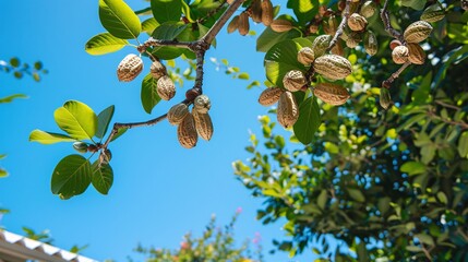 Fototapeta premium Peanut-filled branches of a tree in a garden, clear sky above