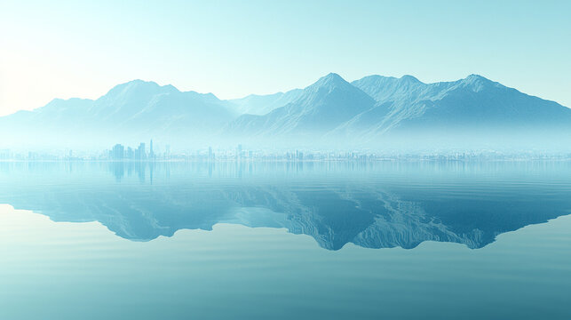 The reflection of mountains in a crystal-clear lake at dawn blending nature's serenity with modern technology through a blurred digital device showing growth trends with empty caption space for text

