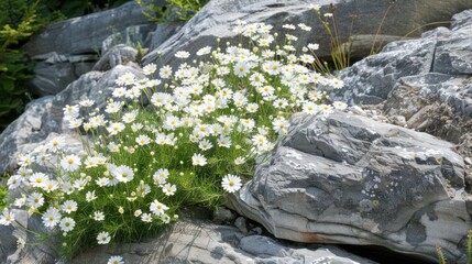Beautiful white Cerastium flowers in the rock garden, AI generated image